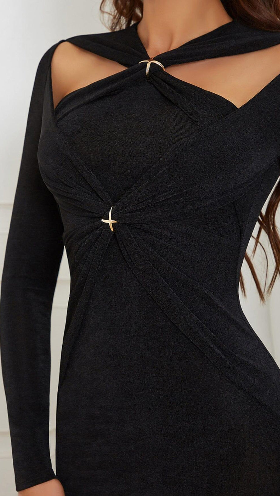 BLACK LEAKY SHOULDER CROSS-LACE-UP SLIM-FIT DRESS