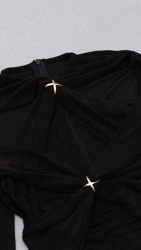 BLACK LEAKY SHOULDER CROSS-LACE-UP SLIM-FIT DRESS