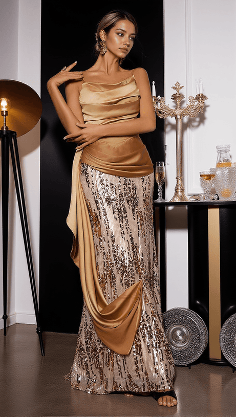 ABITO LUNGO PATCHWORK CON PAILLETTES DELORES