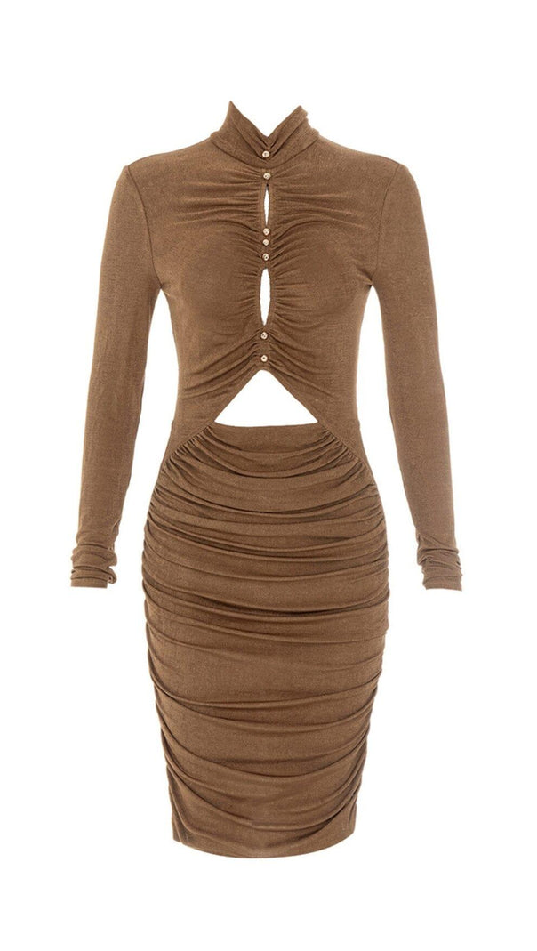 AIIZIE CARAMEL TURTLENECK WAIST HOLLOW PLEATED DRESS - product image
