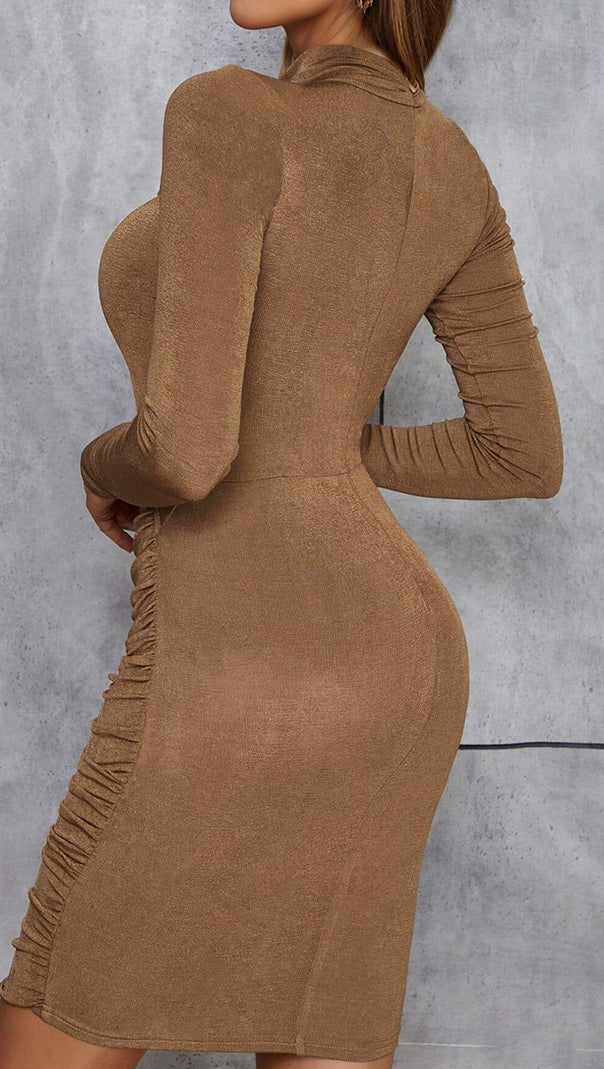 AIIZIE CARAMEL TURTLENECK WAIST HOLLOW PLEATED DRESS - product image