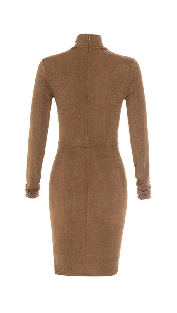 AIIZIE CARAMEL TURTLENECK WAIST HOLLOW PLEATED DRESS - product image