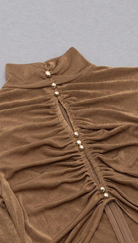 CARAMEL TURTLENECK WAIST HOLLOW PLEATED DRESS