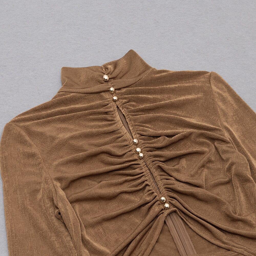AIIZIE CARAMEL TURTLENECK WAIST HOLLOW PLEATED DRESS - product image