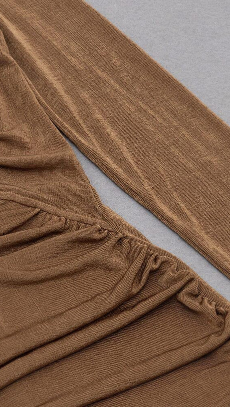 CARAMEL TURTLENECK WAIST HOLLOW PLEATED DRESS