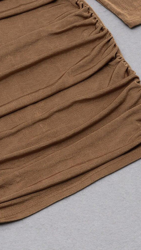 CARAMEL TURTLENECK WAIST HOLLOW PLEATED DRESS