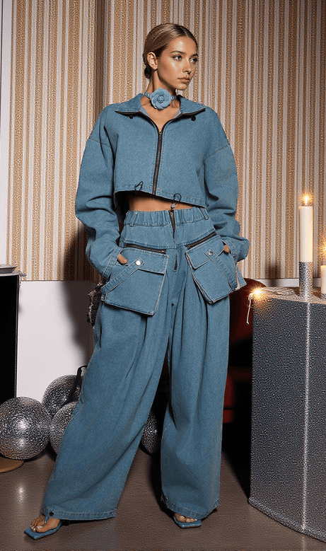 Maudie Pocket Wide Denim Pants Set