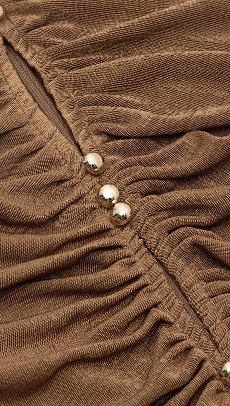 CARAMEL TURTLENECK WAIST HOLLOW PLEATED DRESS