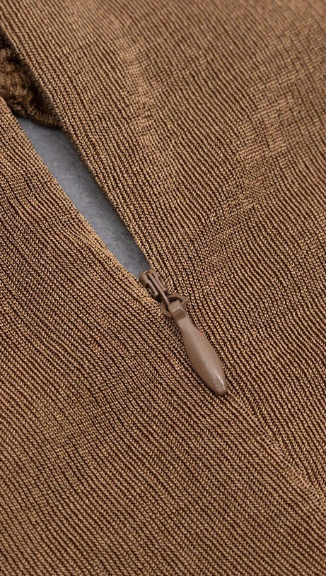 CARAMEL TURTLENECK WAIST HOLLOW PLEATED DRESS