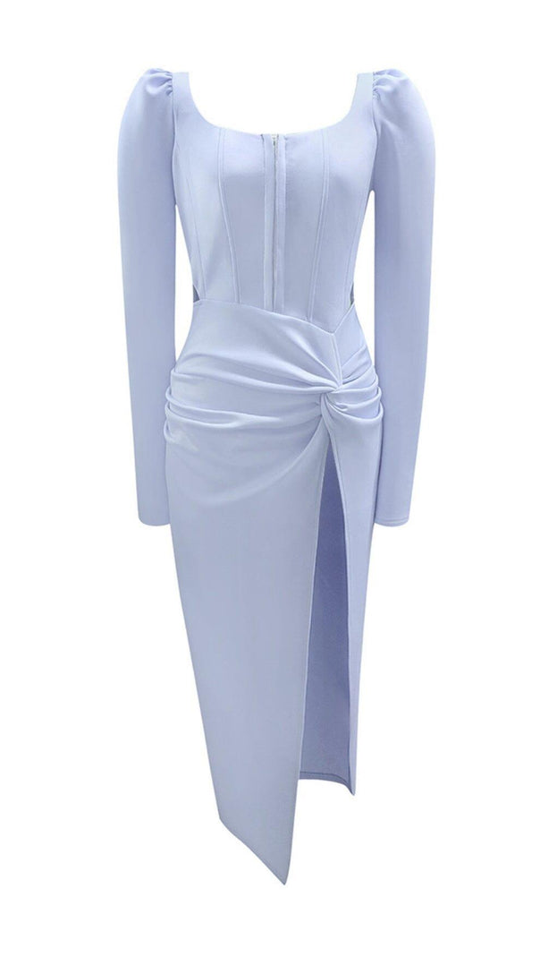 AIIZIE LIGHT BLUE SQUARE-NECK PUFF SLEEVE SIDE HIGH SLIT DRESS - product image