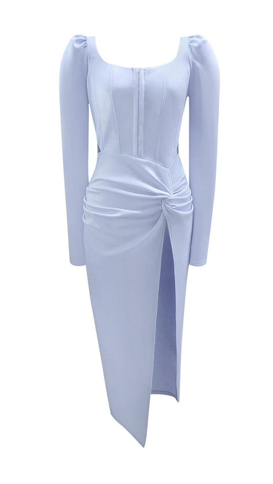 LIGHT BLUE SQUARE-NECK PUFF SLEEVE SIDE HIGH SLIT DRESS
