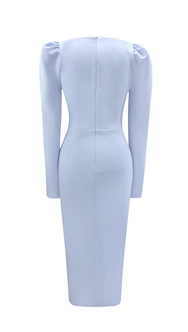 AIIZIE LIGHT BLUE SQUARE-NECK PUFF SLEEVE SIDE HIGH SLIT DRESS - product image