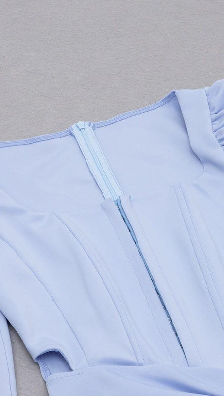 LIGHT BLUE SQUARE-NECK PUFF SLEEVE SIDE HIGH SLIT DRESS