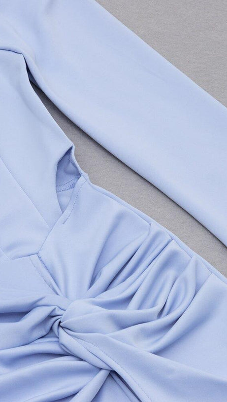 LIGHT BLUE SQUARE-NECK PUFF SLEEVE SIDE HIGH SLIT DRESS
