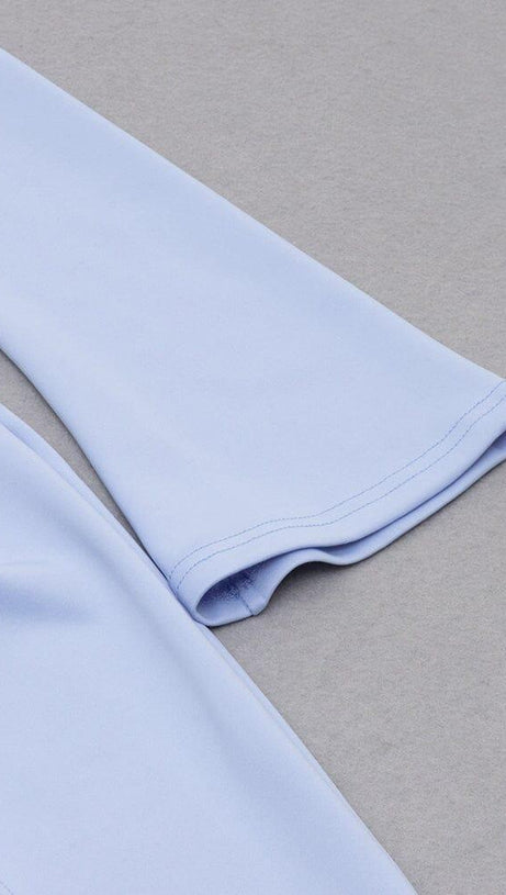 LIGHT BLUE SQUARE-NECK PUFF SLEEVE SIDE HIGH SLIT DRESS