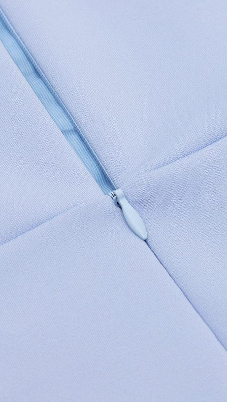 LIGHT BLUE SQUARE-NECK PUFF SLEEVE SIDE HIGH SLIT DRESS