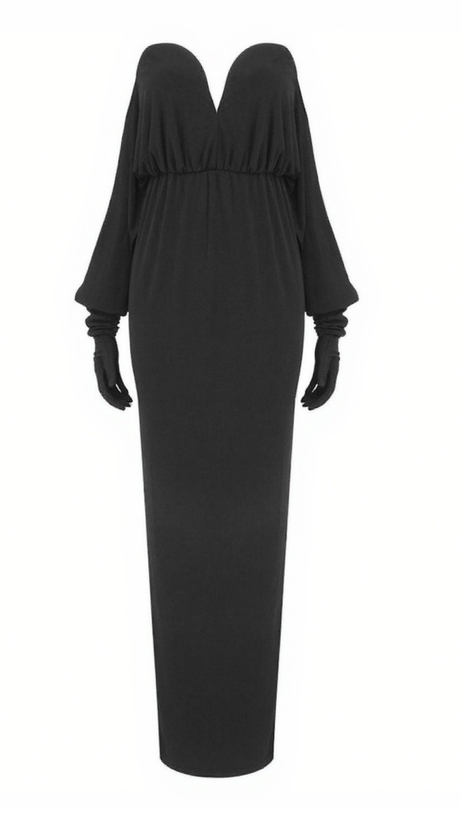 Belia – Schulterfreies Kleid mit Schlitzen und Handschuhen auf der Rückseite