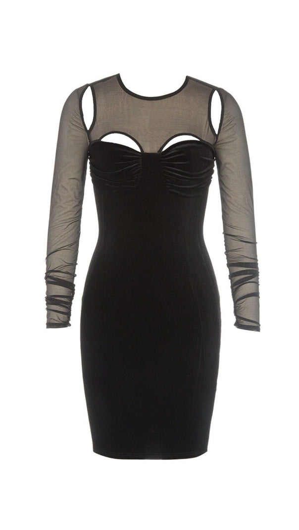 AIIZIE BLACK CREWNECK MESH STITCHED VELVET DRESS - product image