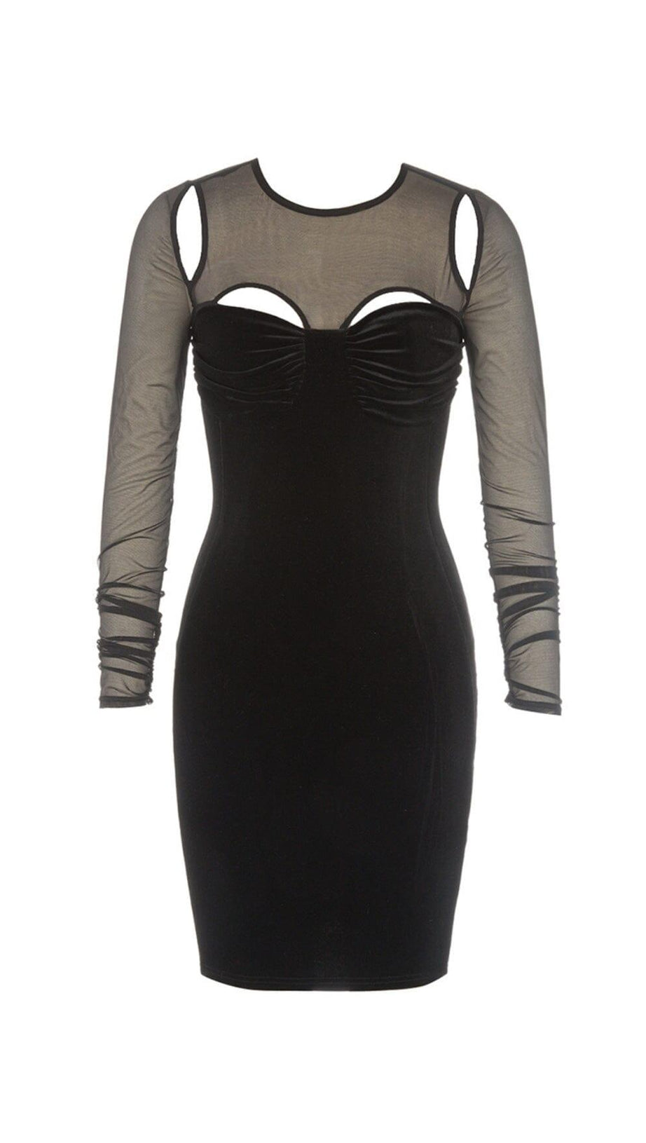 BLACK CREWNECK MESH STITCHED VELVET DRESS