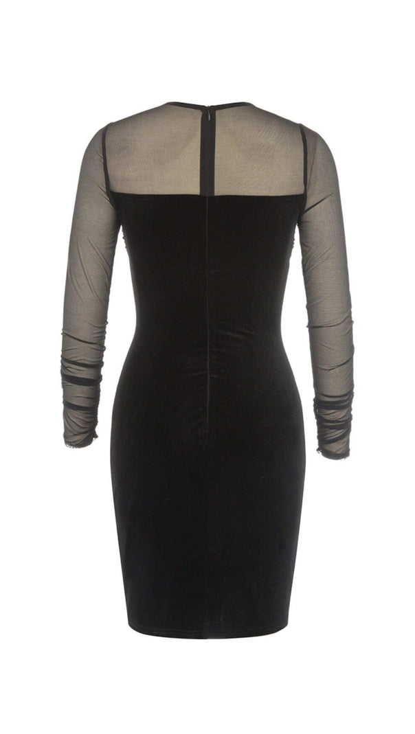 AIIZIE BLACK CREWNECK MESH STITCHED VELVET DRESS - product image