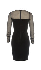 BLACK CREWNECK MESH STITCHED VELVET DRESS