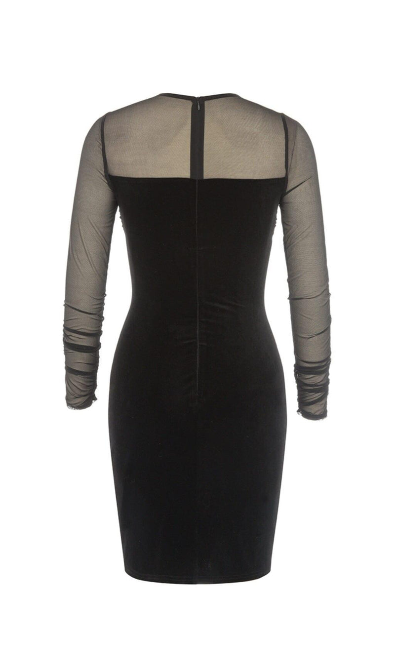 BLACK CREWNECK MESH STITCHED VELVET DRESS