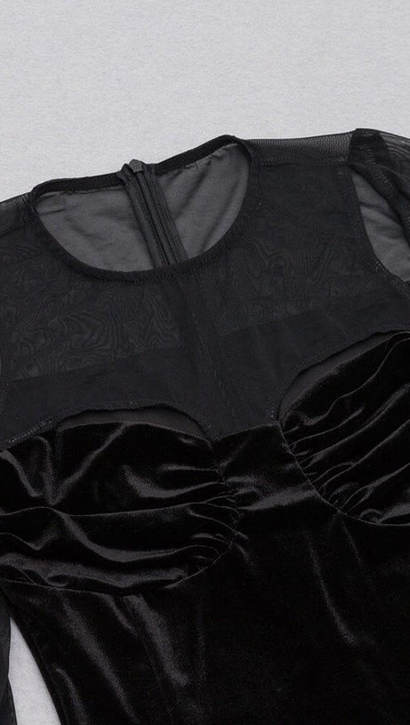 BLACK CREWNECK MESH STITCHED VELVET DRESS