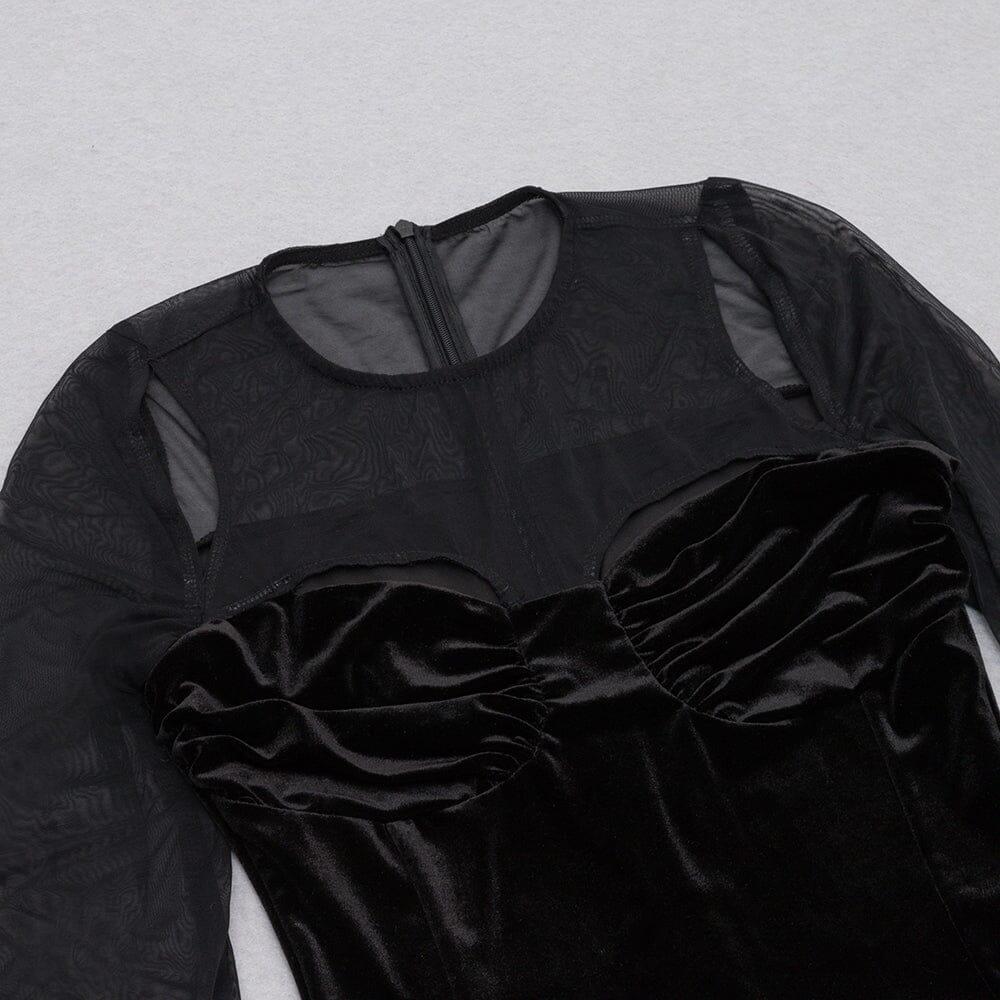 AIIZIE BLACK CREWNECK MESH STITCHED VELVET DRESS - product image
