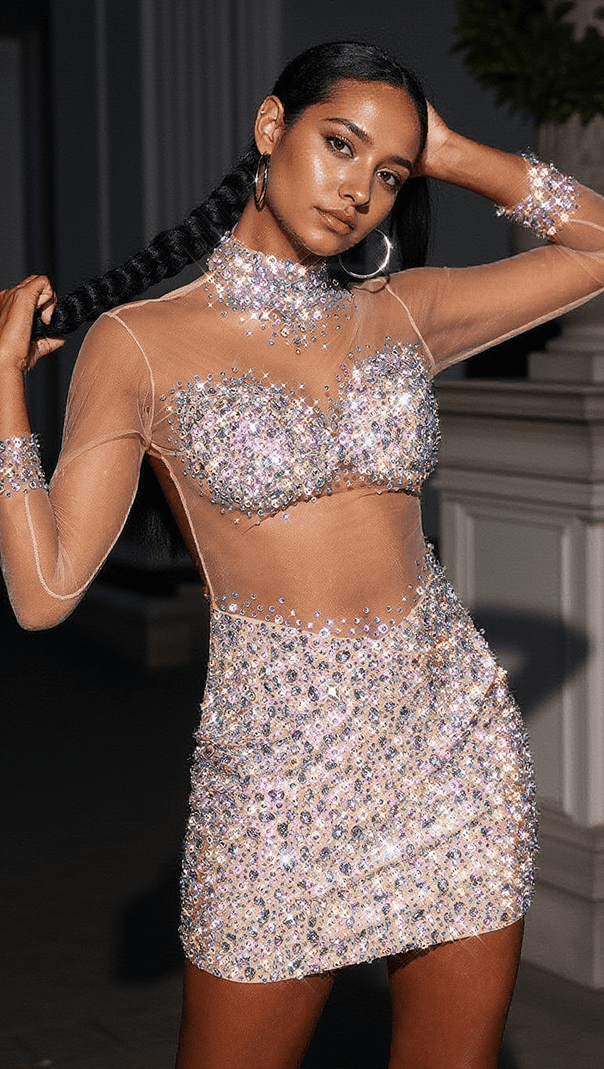 AIIZIE AZAMI MESH CRYSTAL MINI DRESS IN SILVER - product image