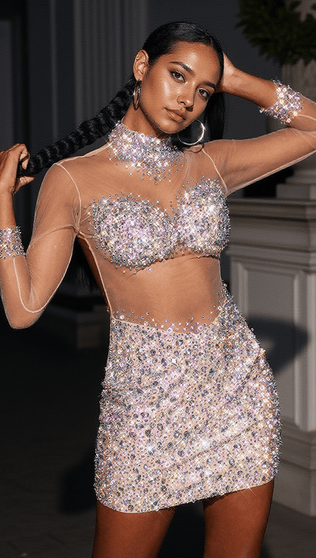 ABITO CORTO IN RETE CON CRISTALLI AZAMI IN ARGENTO