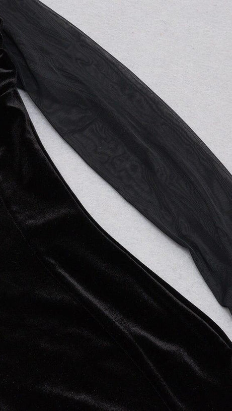 BLACK CREWNECK MESH STITCHED VELVET DRESS