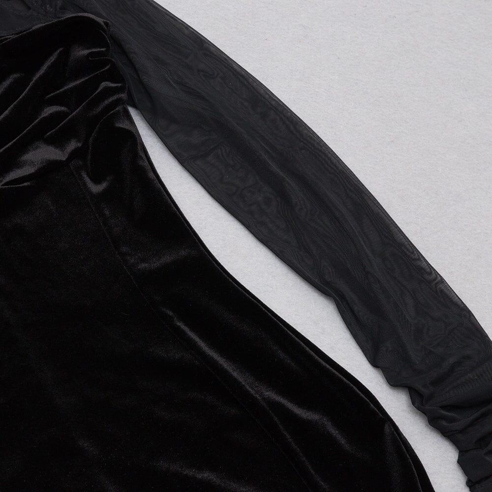 AIIZIE BLACK CREWNECK MESH STITCHED VELVET DRESS - product image