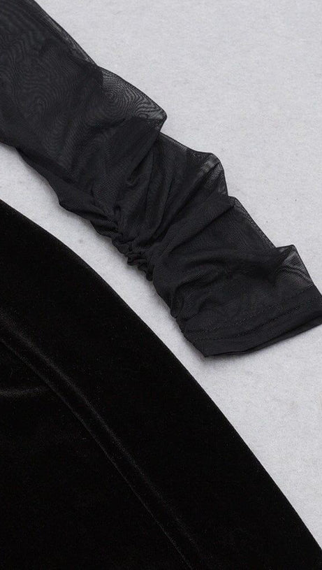 BLACK CREWNECK MESH STITCHED VELVET DRESS