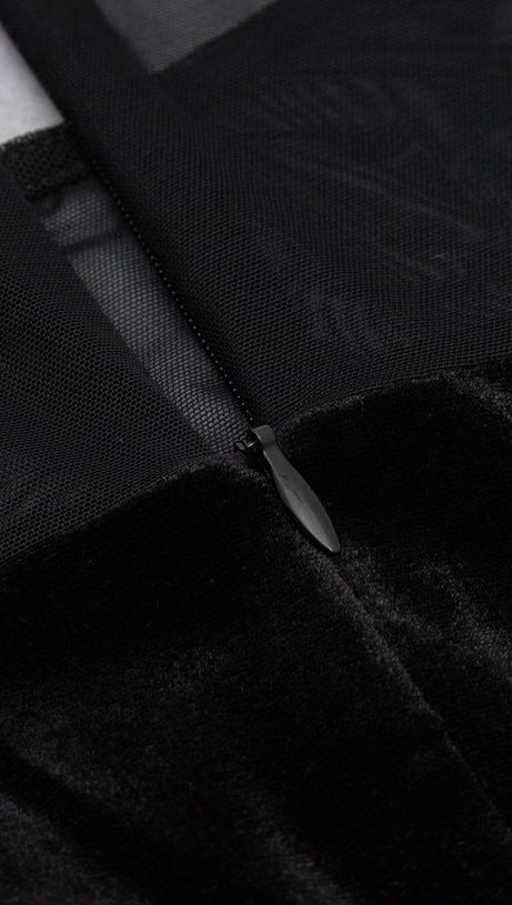 BLACK CREWNECK MESH STITCHED VELVET DRESS