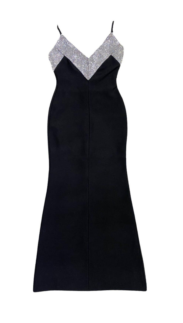 AIIZIE BLACK V-NECK RHINESTONE DECORATIVE SUSPENDER DRESS - product image