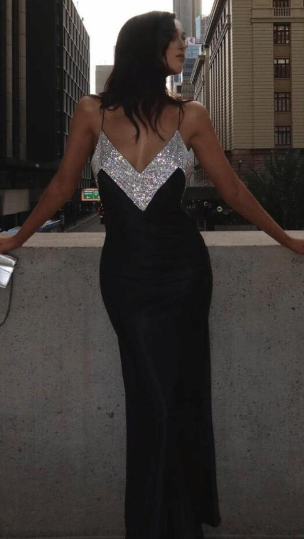 AIIZIE BLACK V-NECK RHINESTONE DECORATIVE SUSPENDER DRESS - product image
