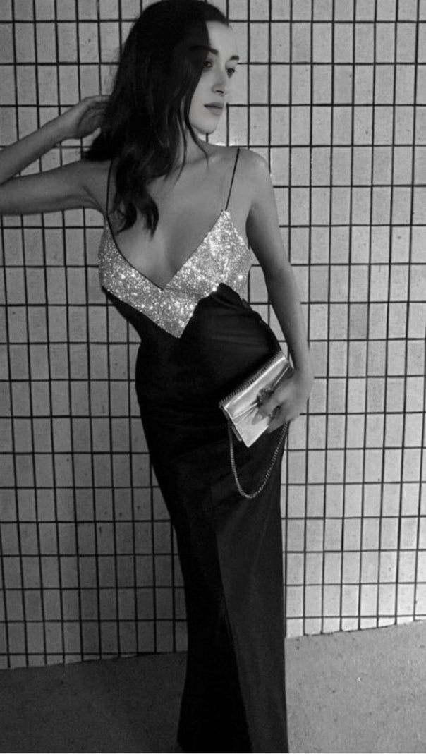 AIIZIE BLACK V-NECK RHINESTONE DECORATIVE SUSPENDER DRESS - product image
