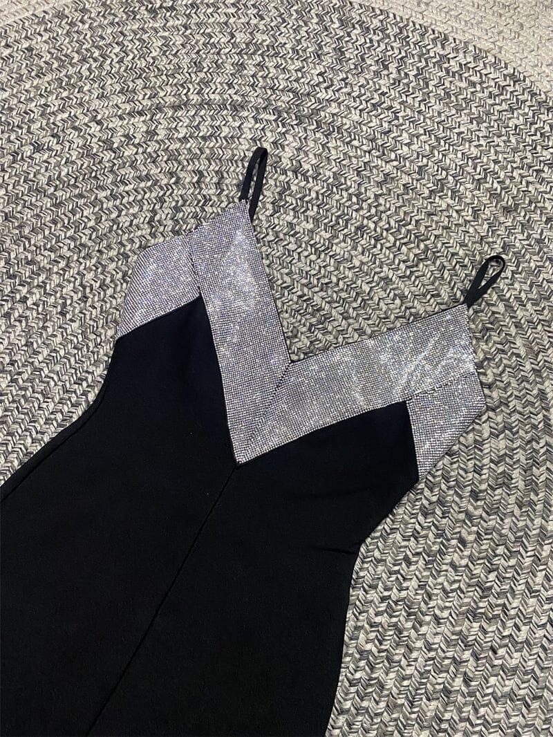 AIIZIE BLACK V-NECK RHINESTONE DECORATIVE SUSPENDER DRESS - product image