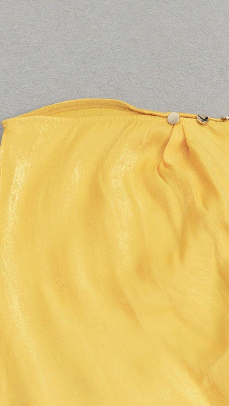 YELLOW MOCK NECK RUFFLE TRIM DRAPED DETAIL SATIN DRESS