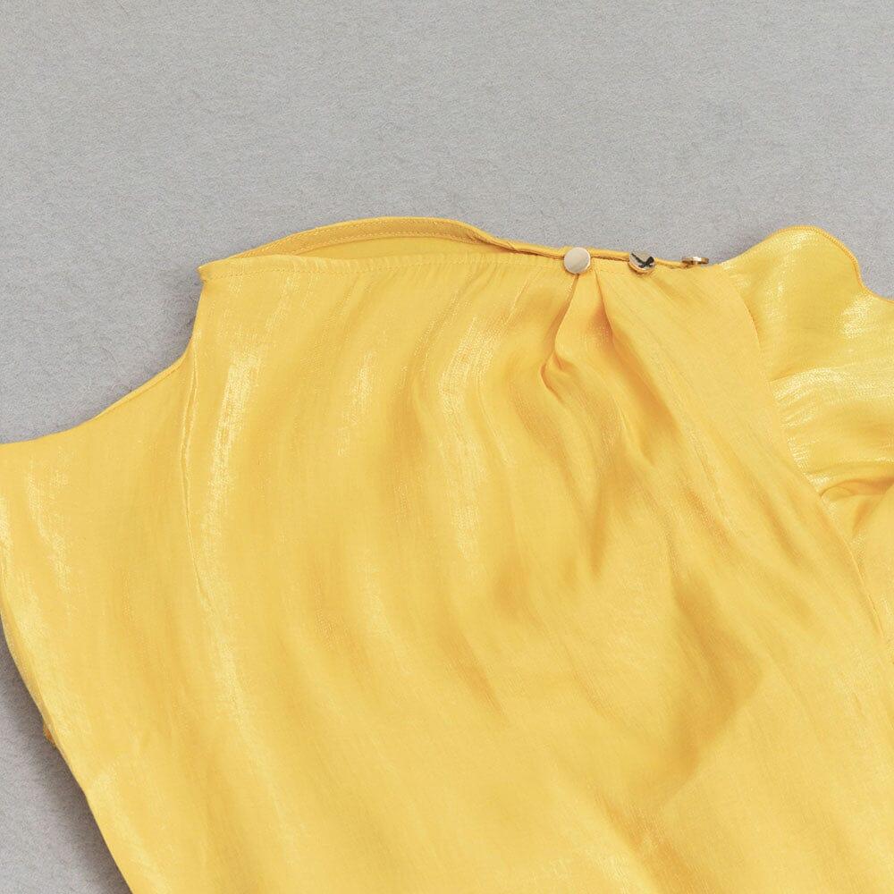 AIIZIE YELLOW MOCK NECK RUFFLE TRIM DRAPED DETAIL SATIN DRESS - product image
