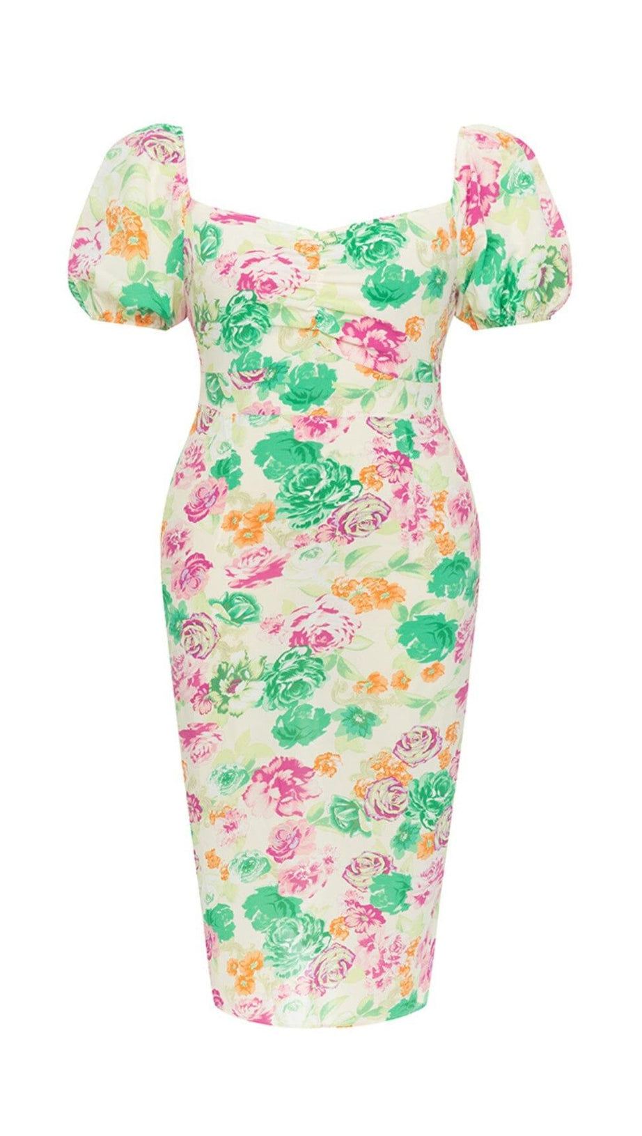 PRINTED SLIM PUFF SLEEVE SQUARE NECK HIP COVER MIDI DRESS