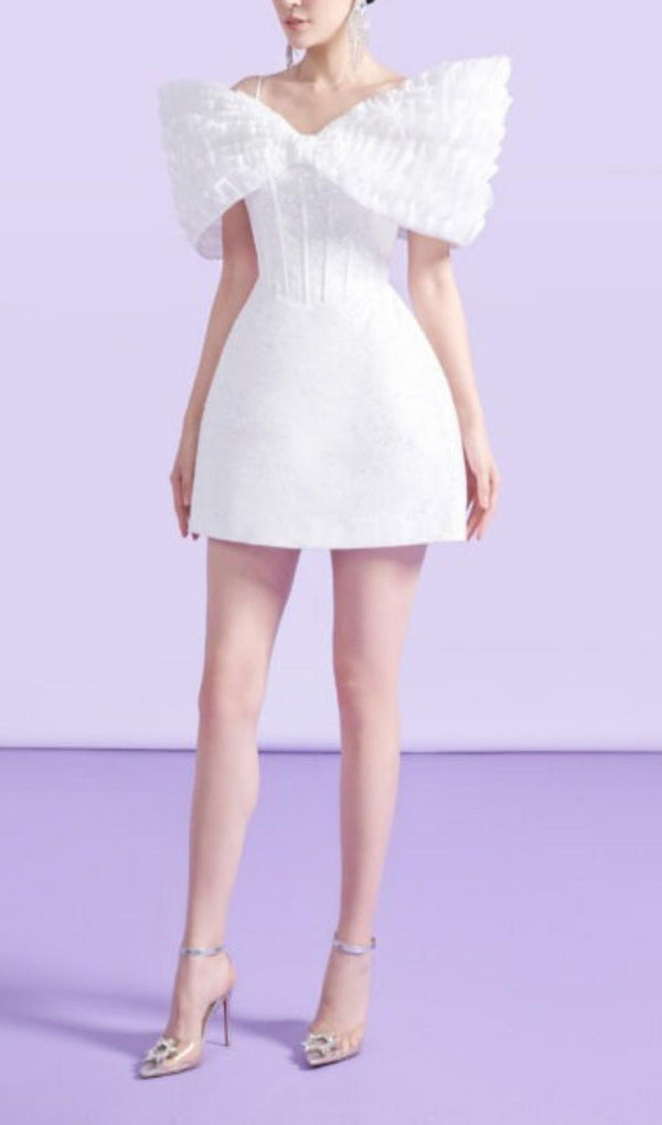 BOWKNOT FISHBONE MINI DRESS IN WHITE