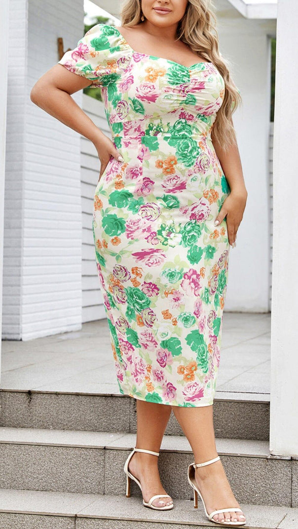 AIIZIE PRINTED SLIM PUFF SLEEVE SQUARE NECK HIP COVER MIDI DRESS - product image