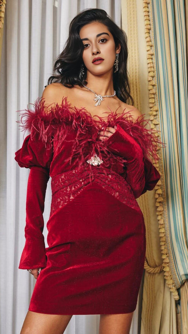 AIIZIE RED VELVET OFF SHOULDER MINI DRESS - product image