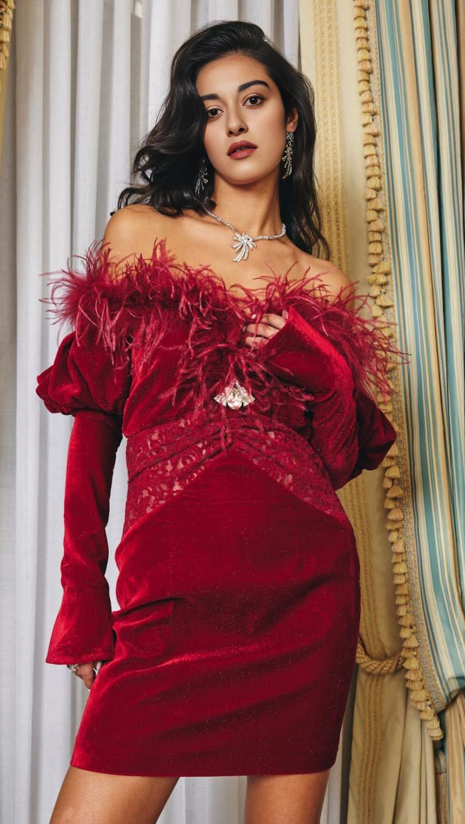 RED VELVET OFF SHOULDER MINI DRESS