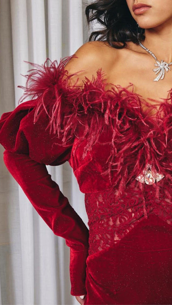 AIIZIE RED VELVET OFF SHOULDER MINI DRESS - product image