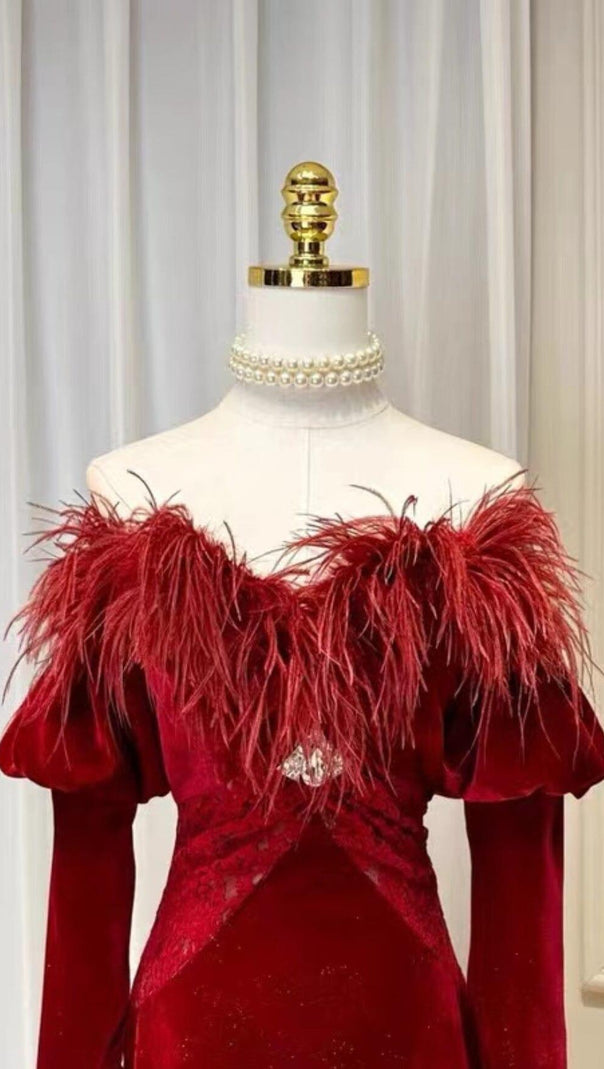 AIIZIE RED VELVET OFF SHOULDER MINI DRESS - product image
