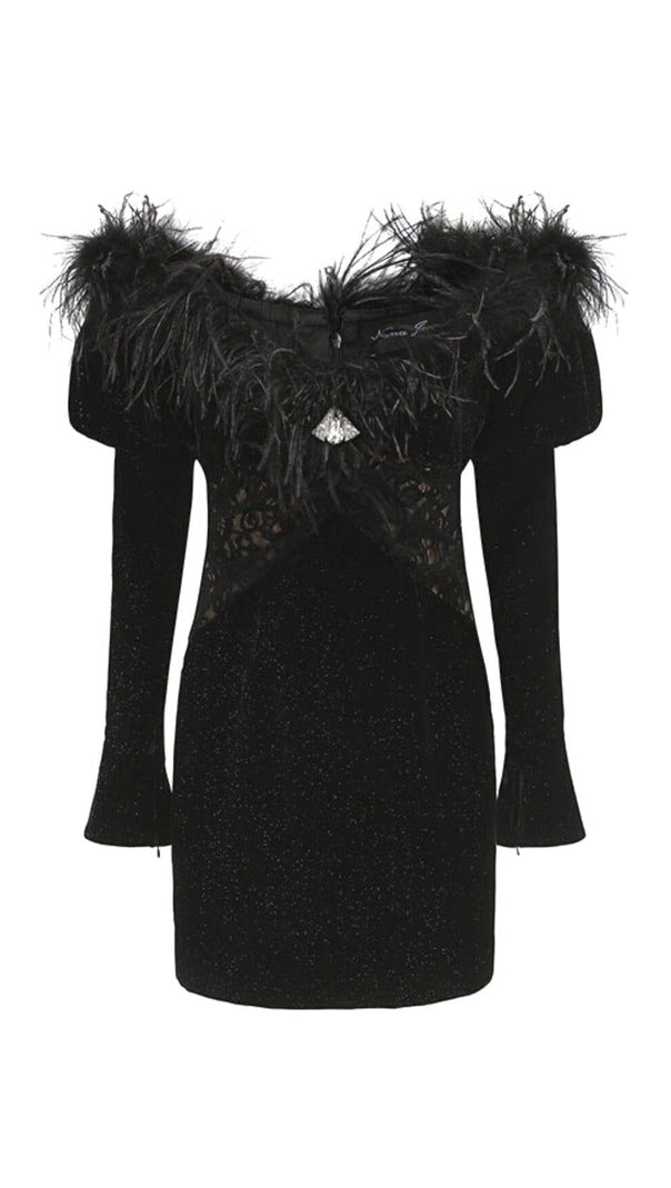 AIIZIE BLACK VELVET OFF SHOULDER MINI DRESS - product image