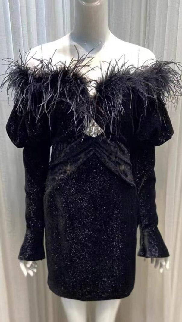 AIIZIE BLACK VELVET OFF SHOULDER MINI DRESS - product image