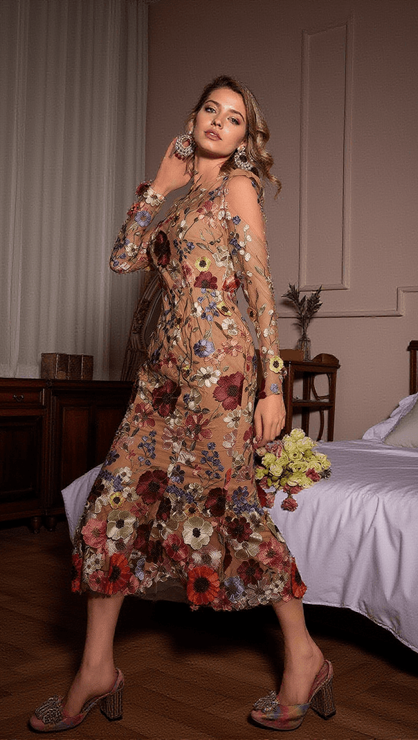 AIIZIE SAIGE LONG SLEEVE MESH FLOWER MERMAID DRESS IN BLUSH - product image